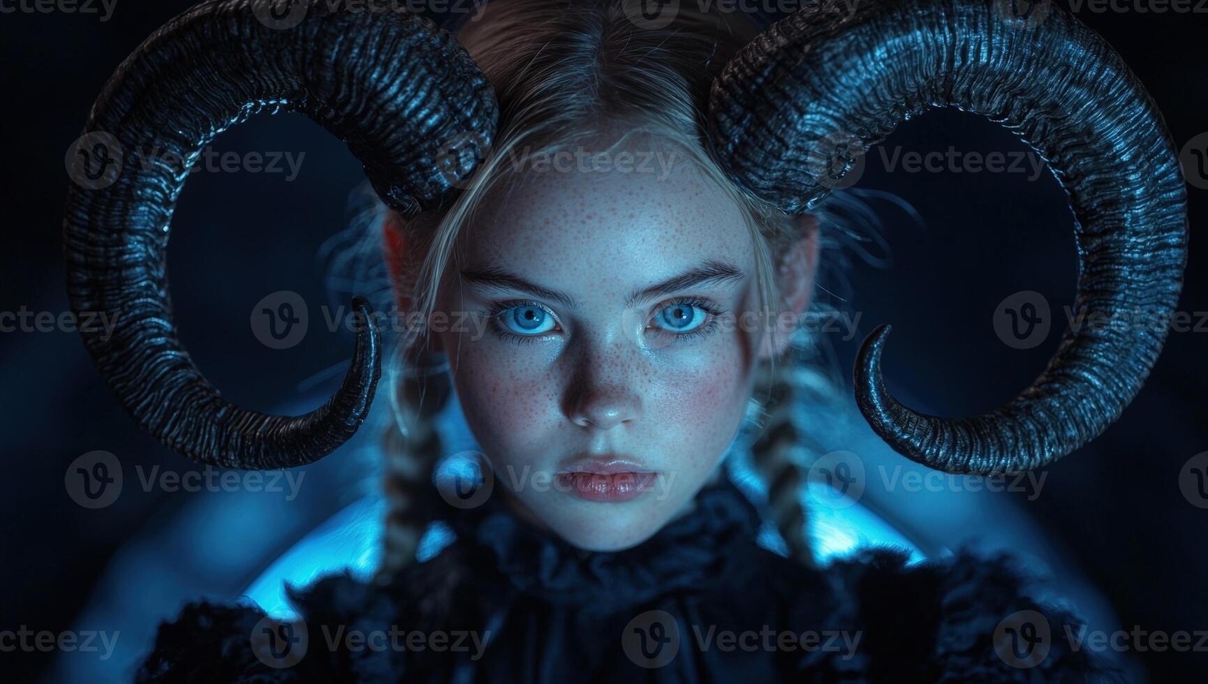 A girl with ram horns and blue eyes stares intensely photo