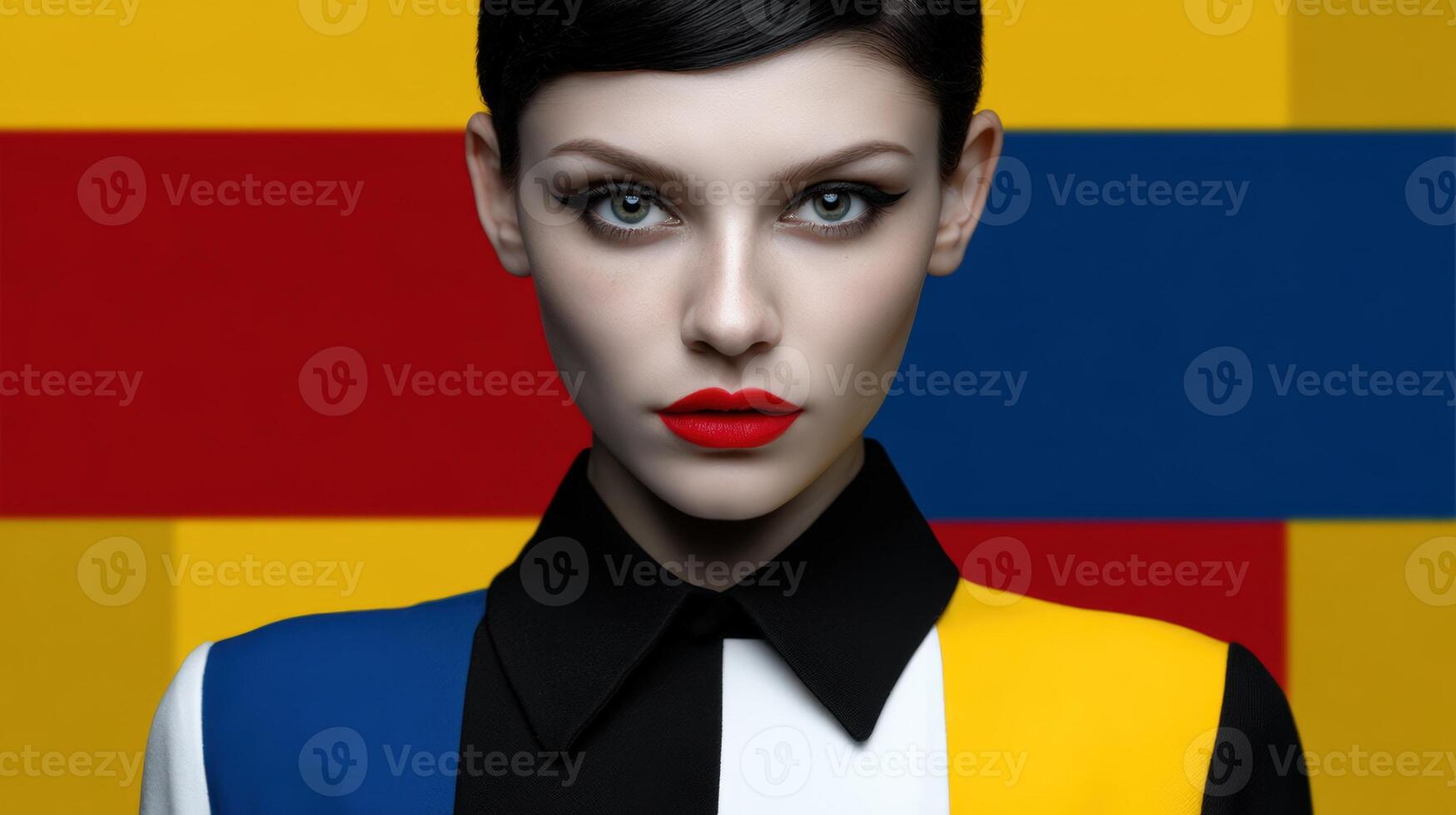 Woman with red lipstick and a colorful background photo