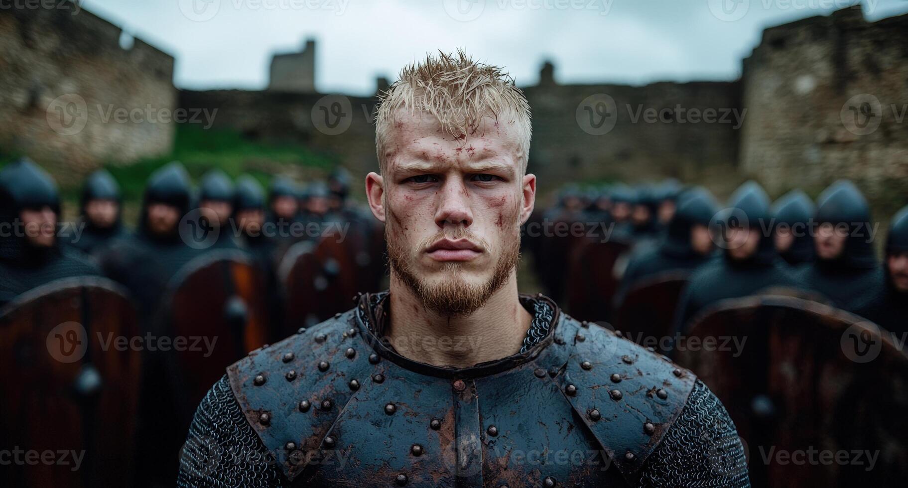 Battle hardened warrior stands ready with his army photo