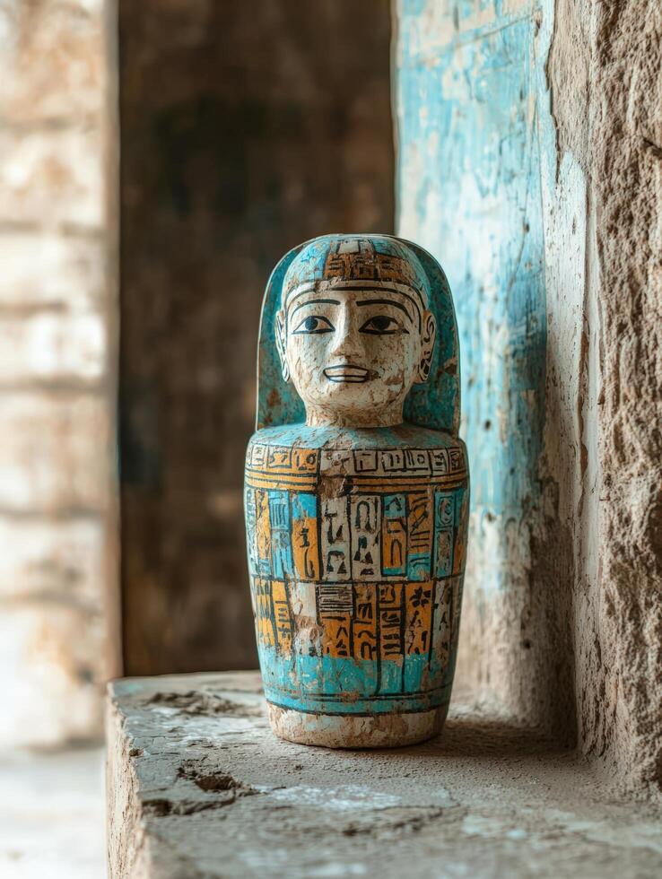 Ancient Egyptian canopic jar with hieroglyphs. photo