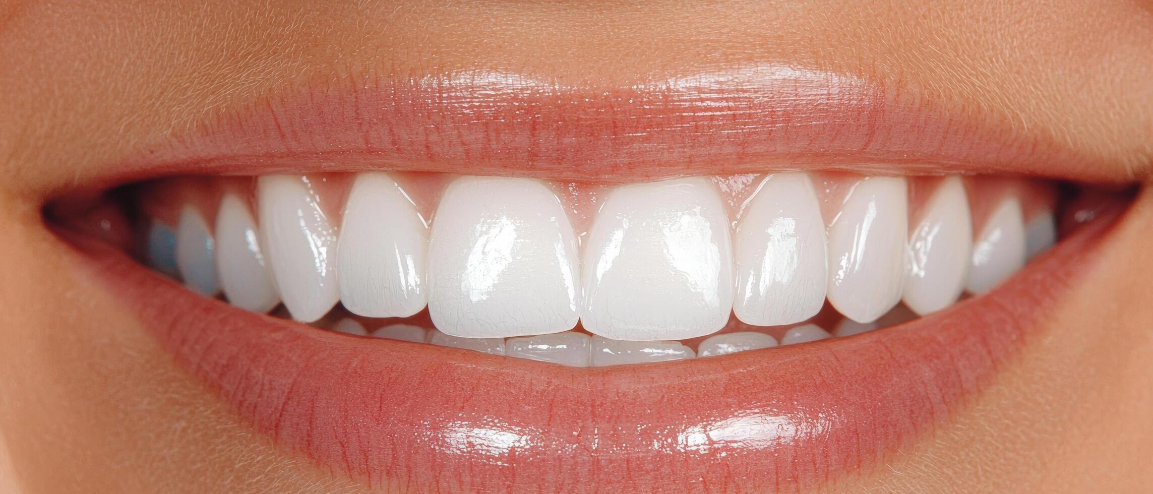 Close up of a perfect white smile with gloss lips. photo
