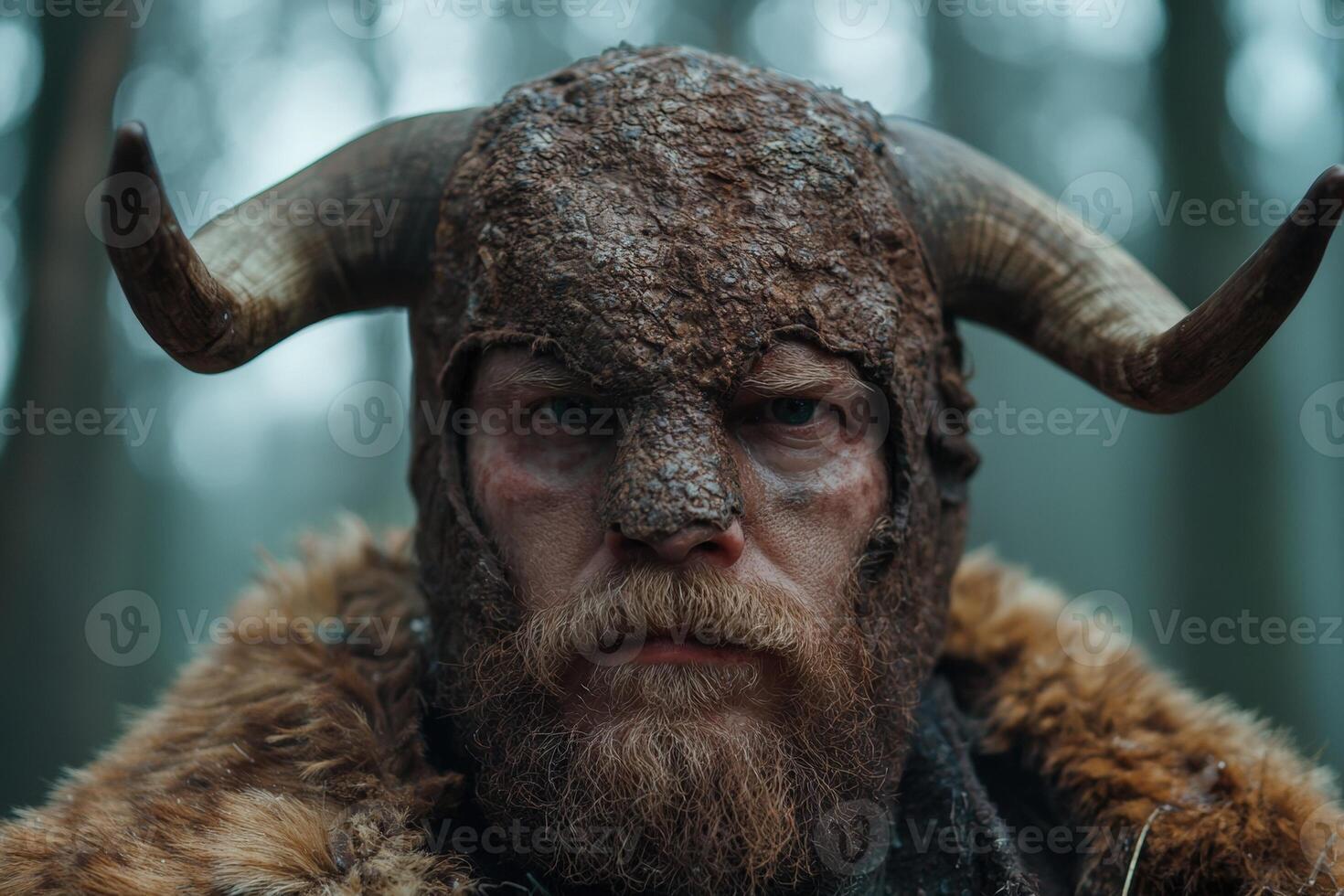 A fierce viking warrior with a horned helmet stares intensely photo