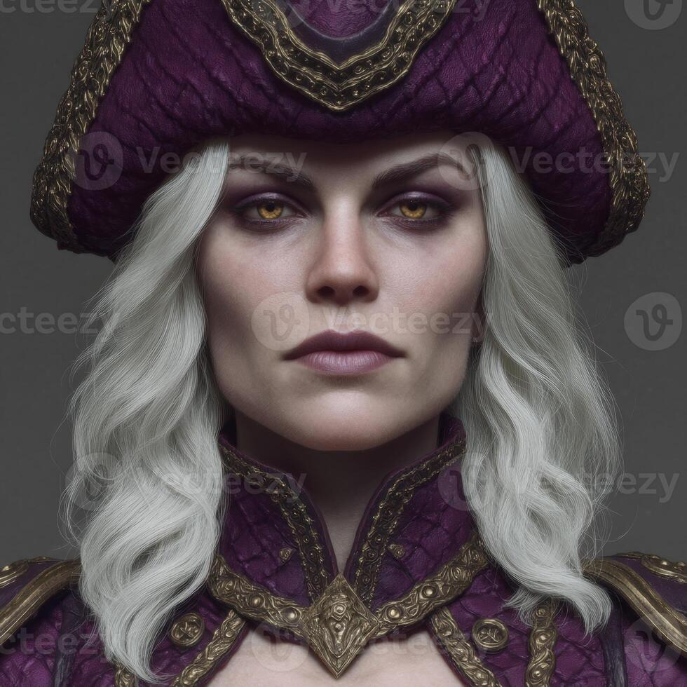 A woman with white hair and golden eyes wearing a purple pirate hat photo