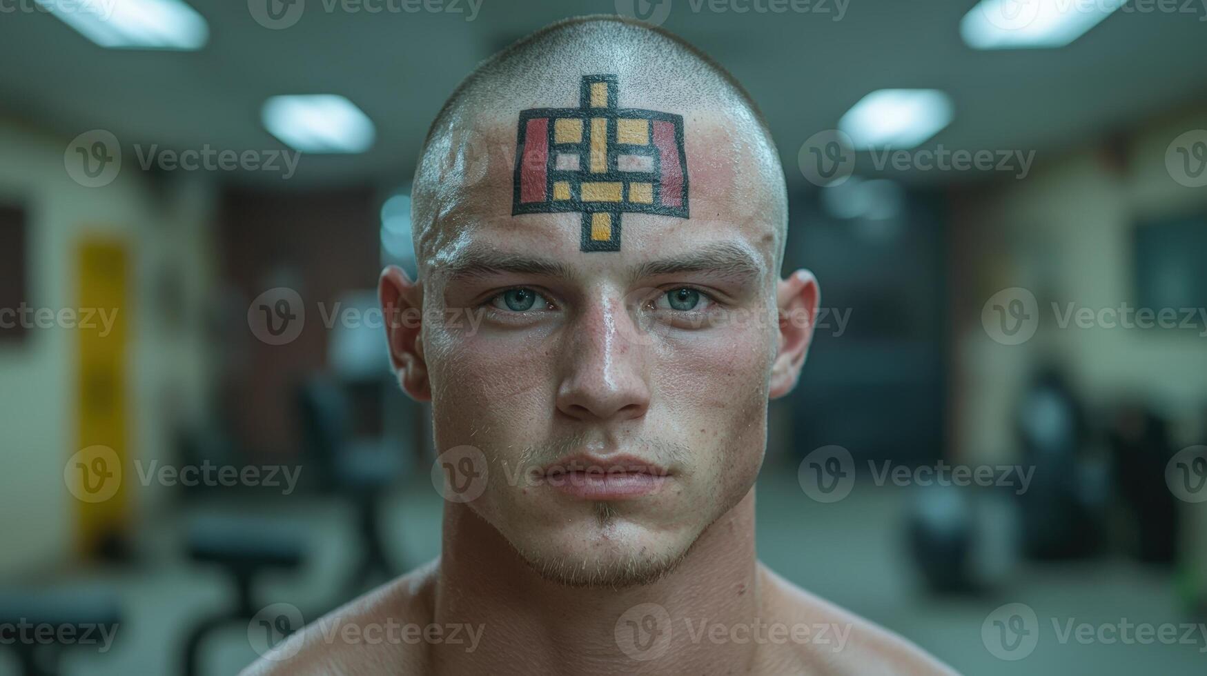 Close up of a man with a geometric tattoo on his forehead in a gym photo