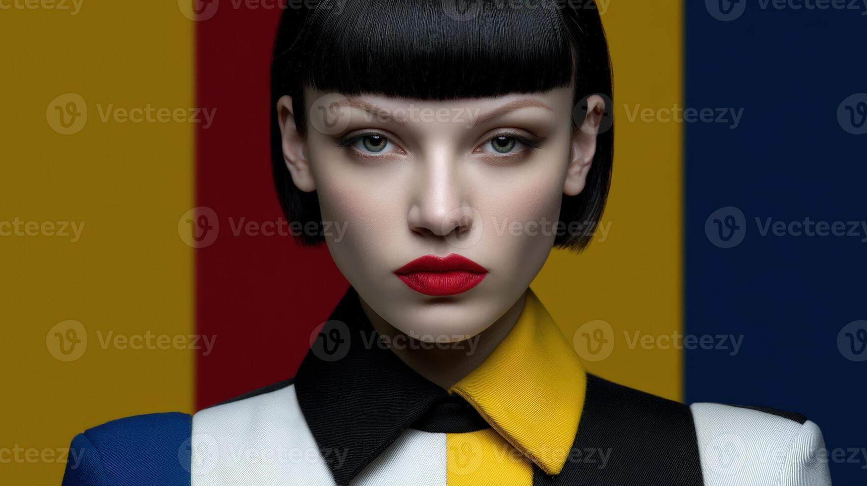 Elegant woman with bold makeup and a color block jacket photo