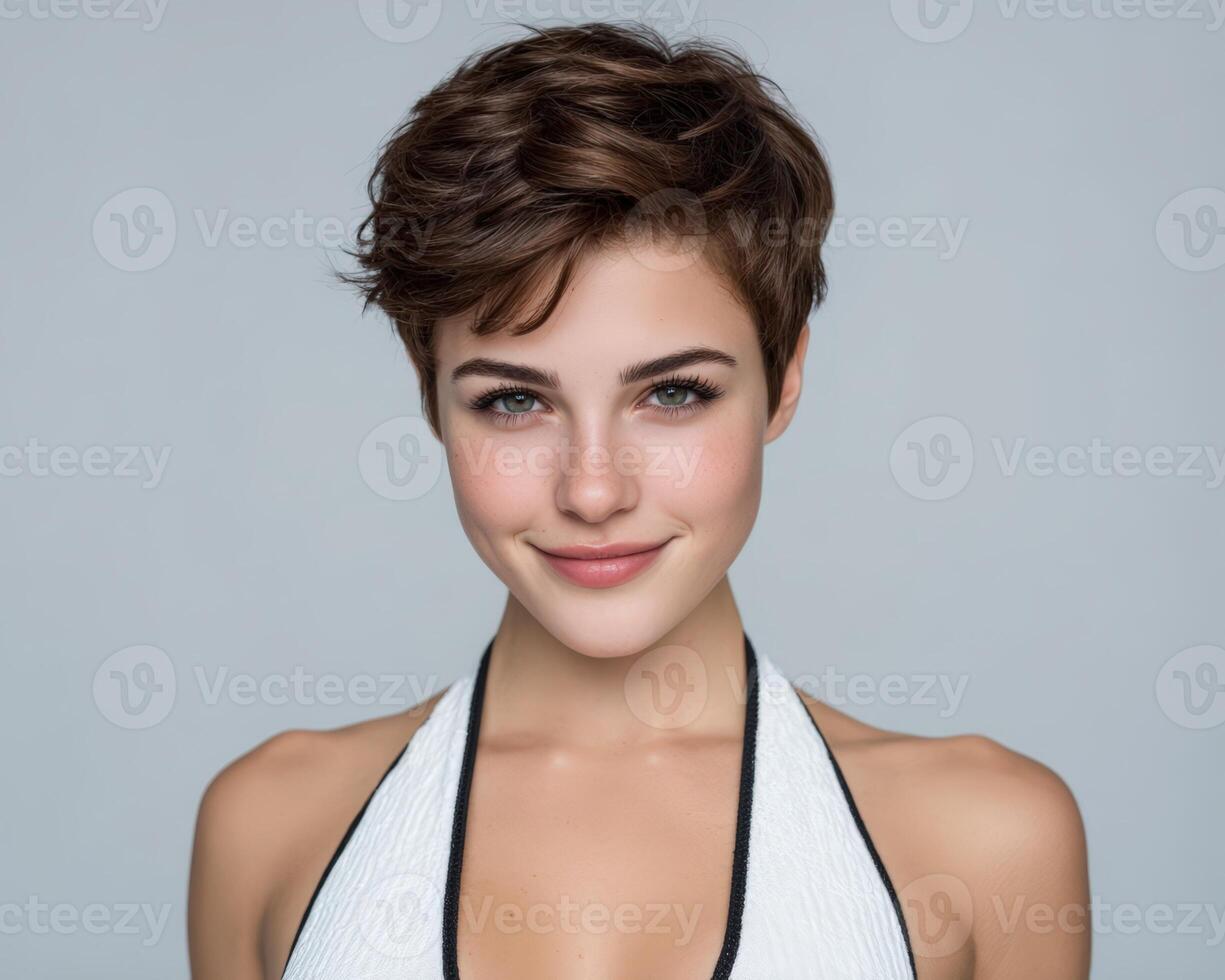 Portrait of a beautiful young woman with a pixie haircut photo