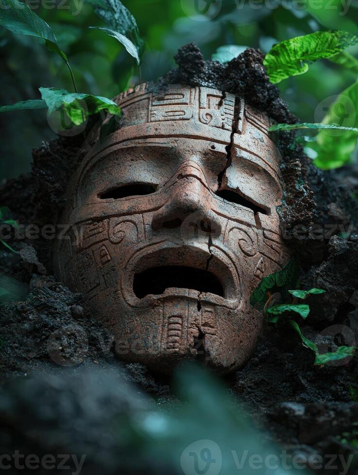 Ancient stone mask overgrown with jungle plants photo