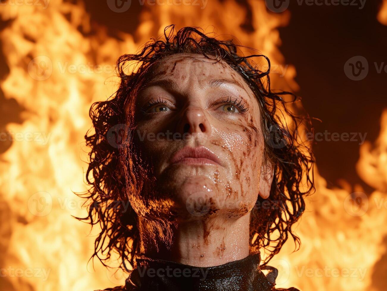 Woman with a dirty face looking up in front of a fire photo