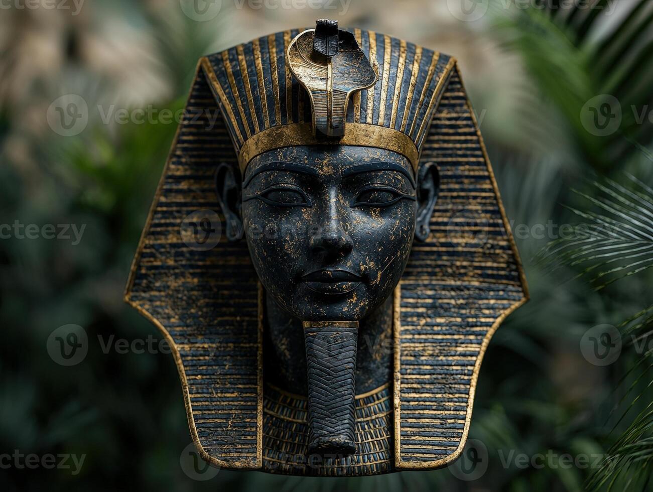 Close up of a pharaohs mask with intricate details and a regal appearance photo