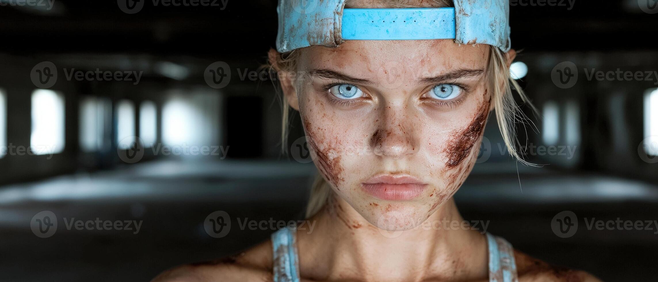 A determined woman with striking blue eyes and a dirty face stares intensely at the camera photo