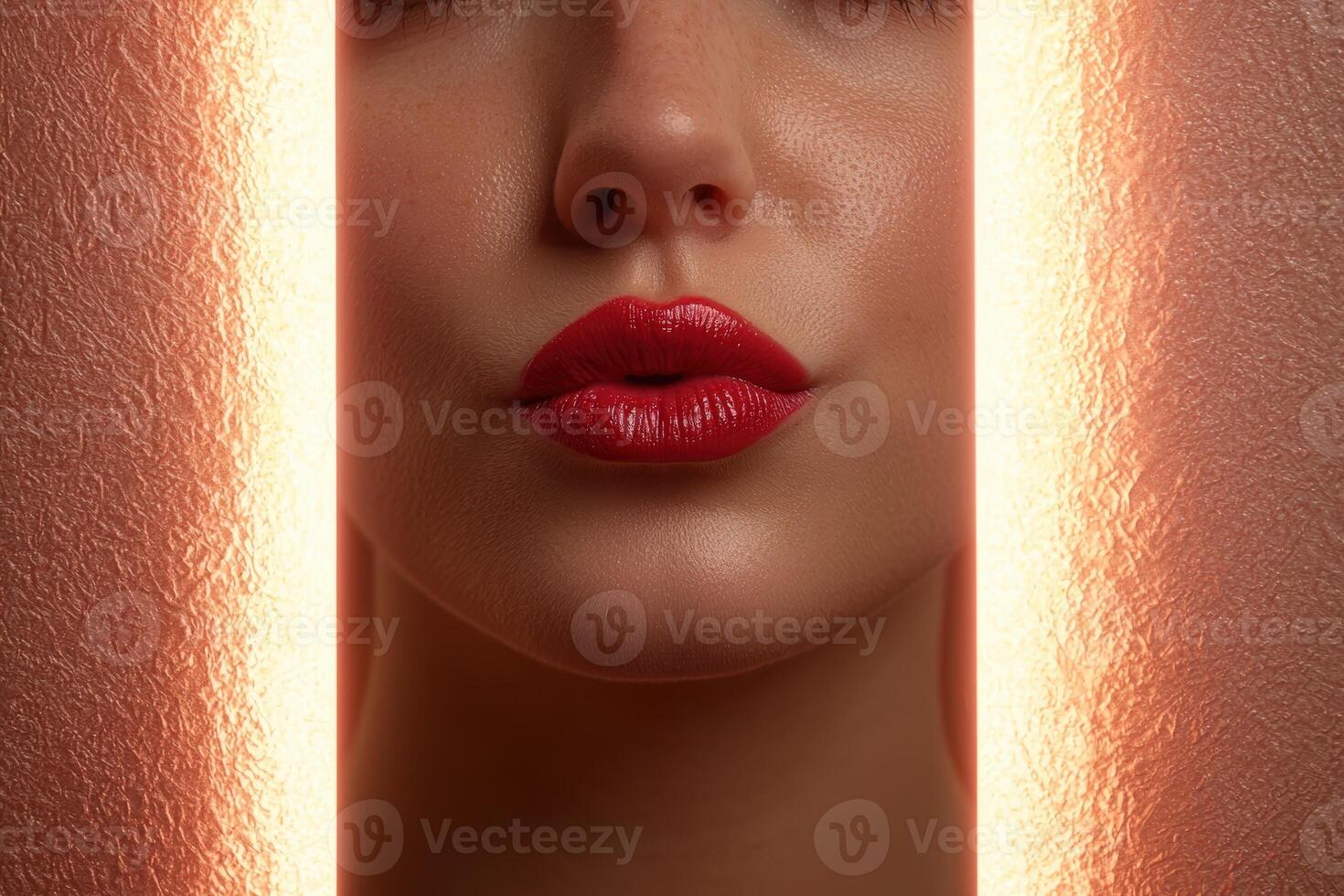 Close up of a womans face with red lipstick in a beauty shot photo