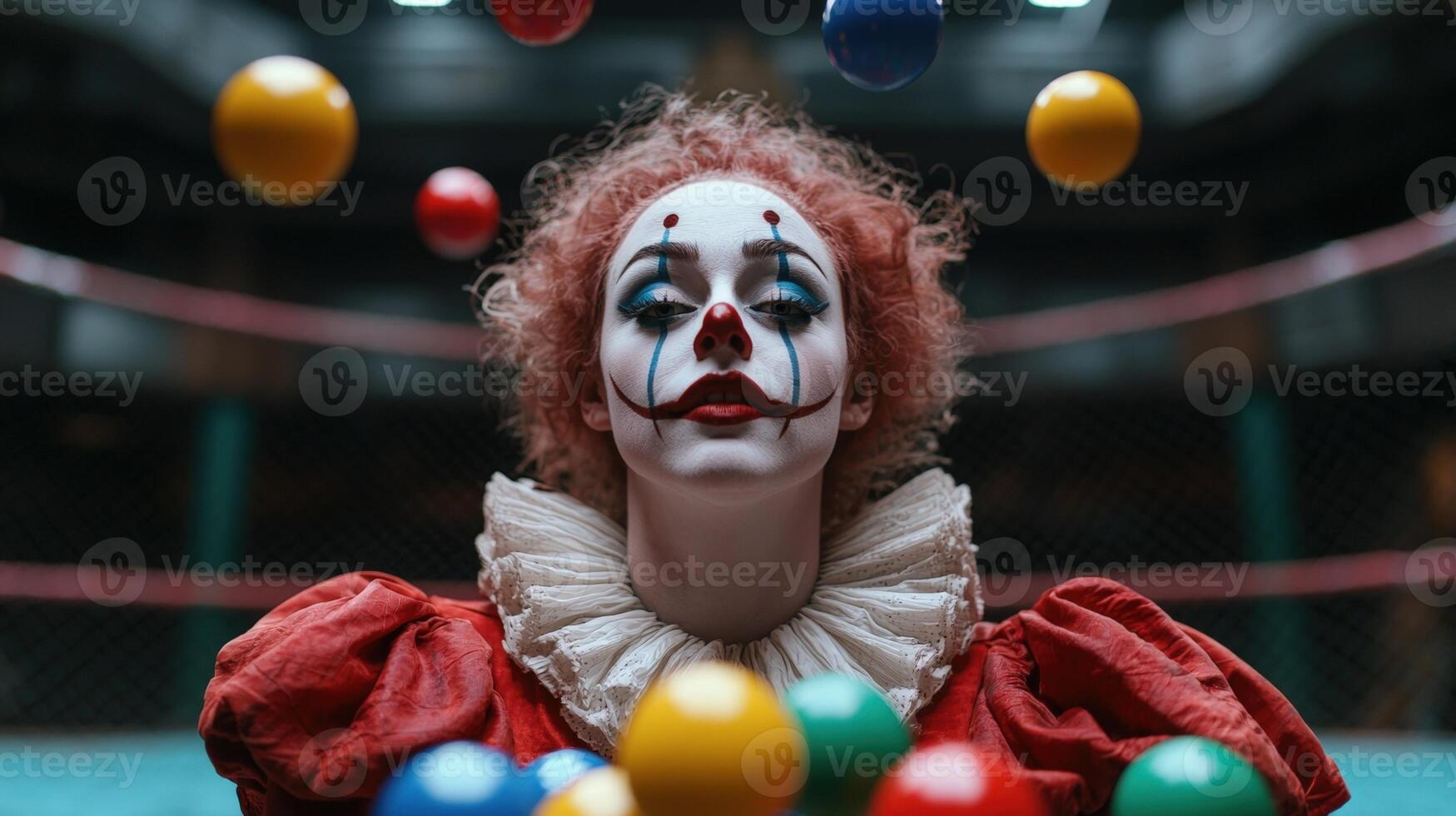 Clown with makeup juggling colorful balls photo