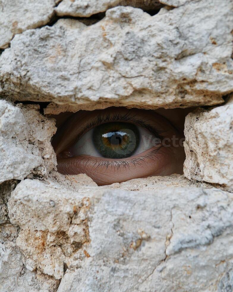 An eye peers through a gap in a stone wall photo