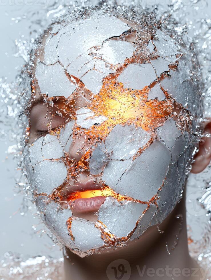 Conceptual image of a persons face with a cracked mask revealing light photo