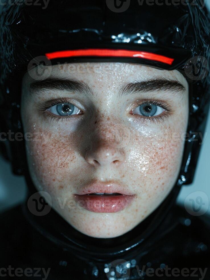 Close up of a person with freckles wearing a helmet photo