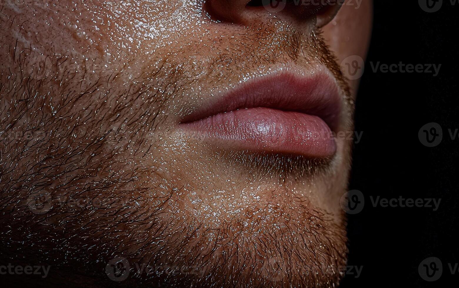 Close up of a mans face with stubble covered in sweat photo