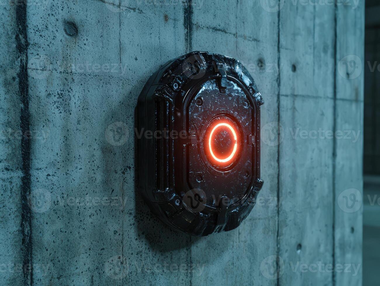 Futuristic device attached to a concrete wall with a glowing red light photo