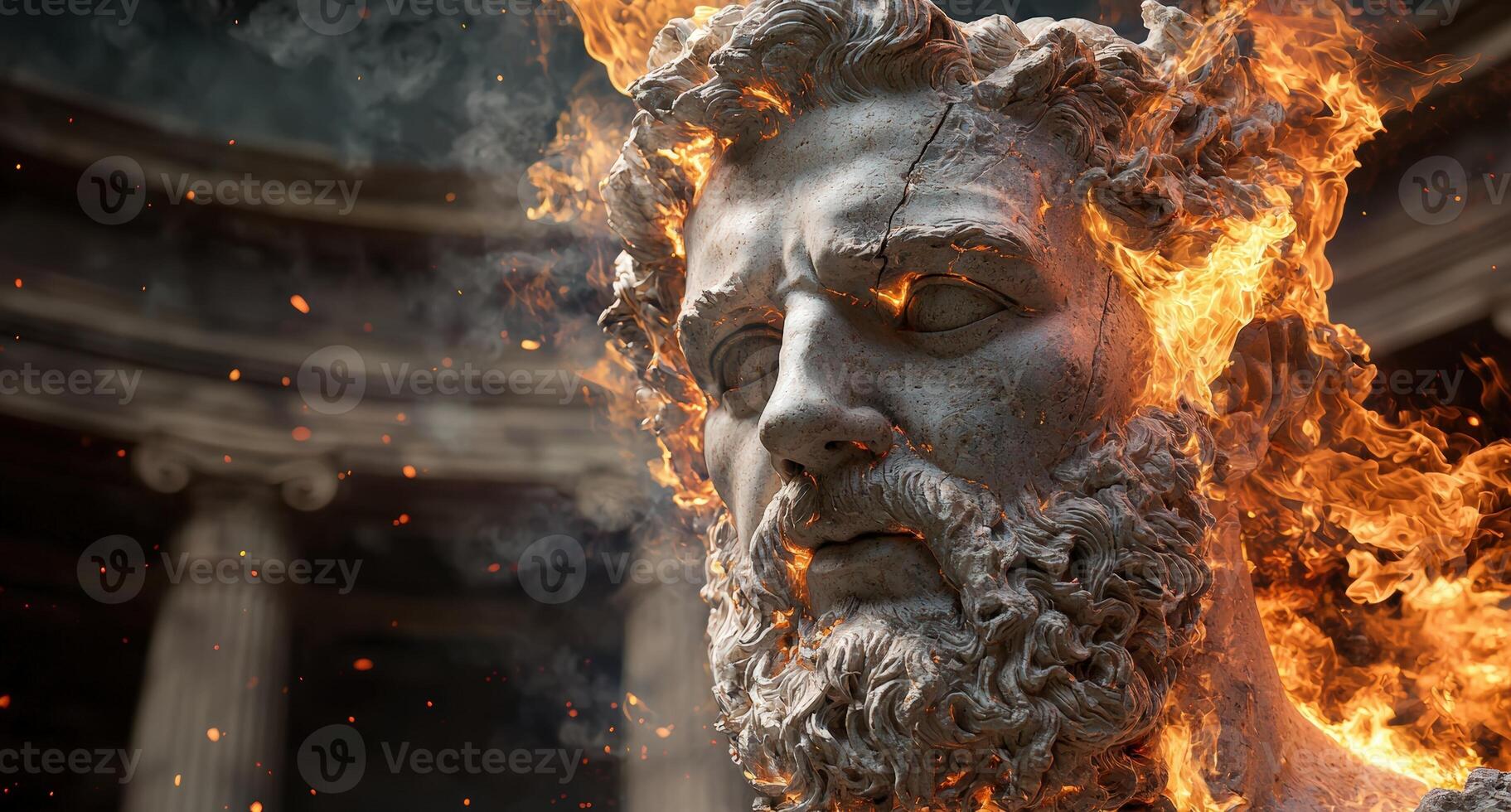A burning statue of a man stands amidst ancient ruins photo