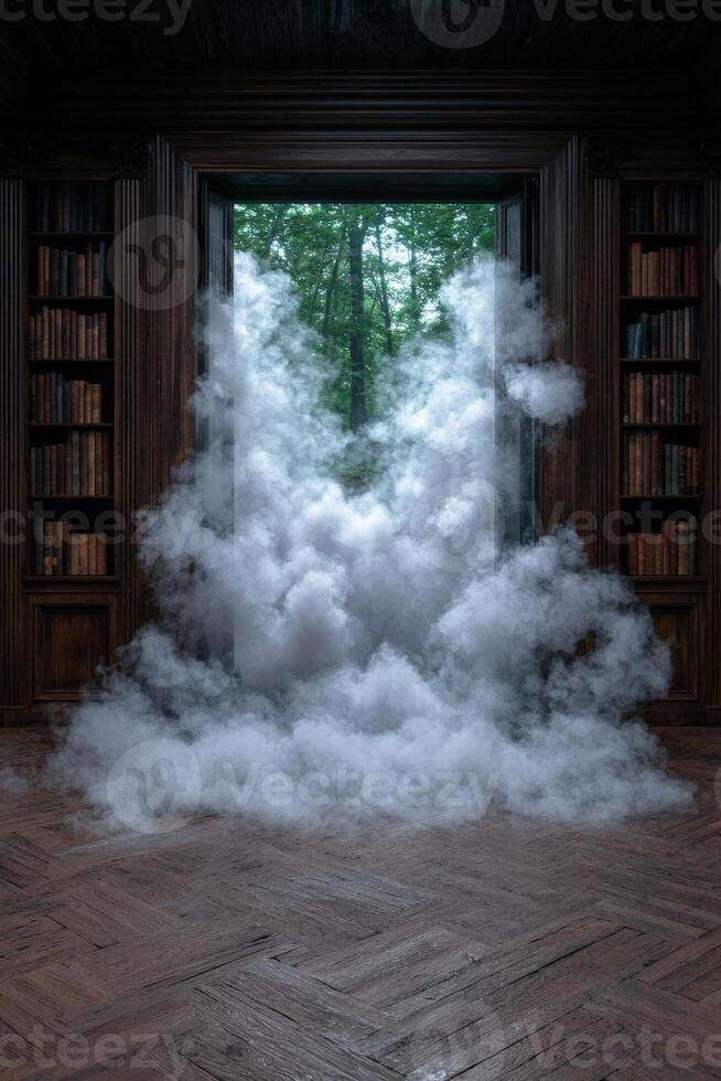 Surreal library portal to a forest with fog photo