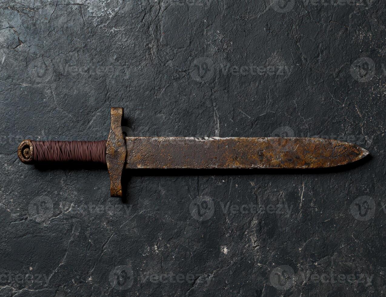 A rusty medieval sword on a stone background photo