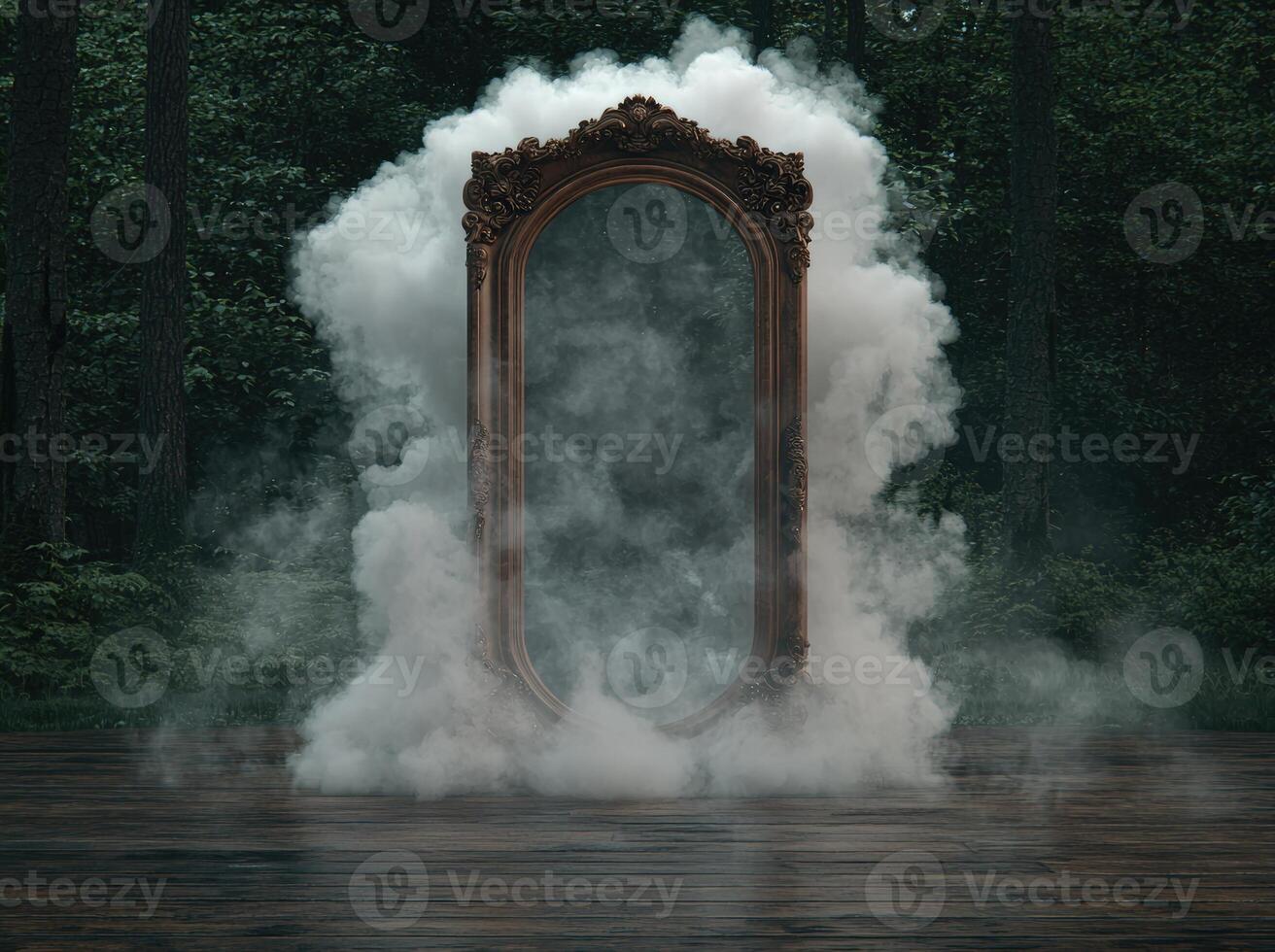 Ornate mirror in a forest surrounded by smoke photo