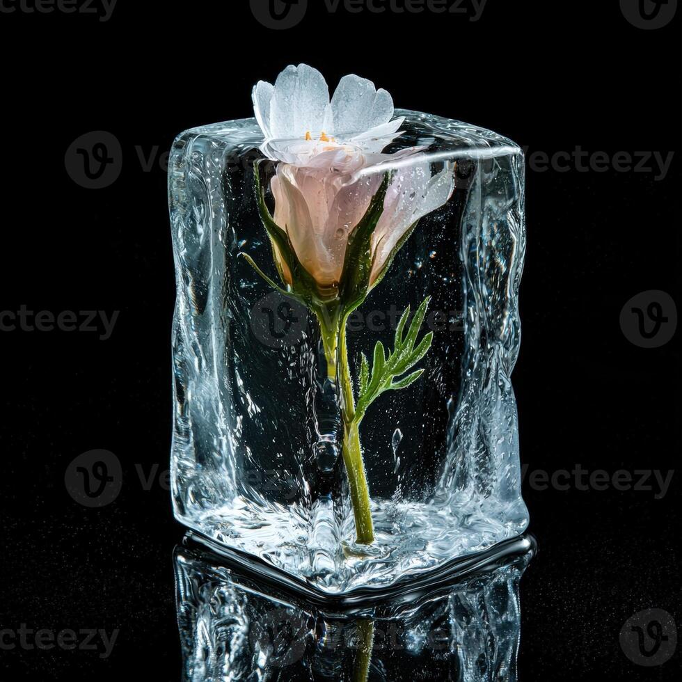 Frozen rose in ice cube on black background photo