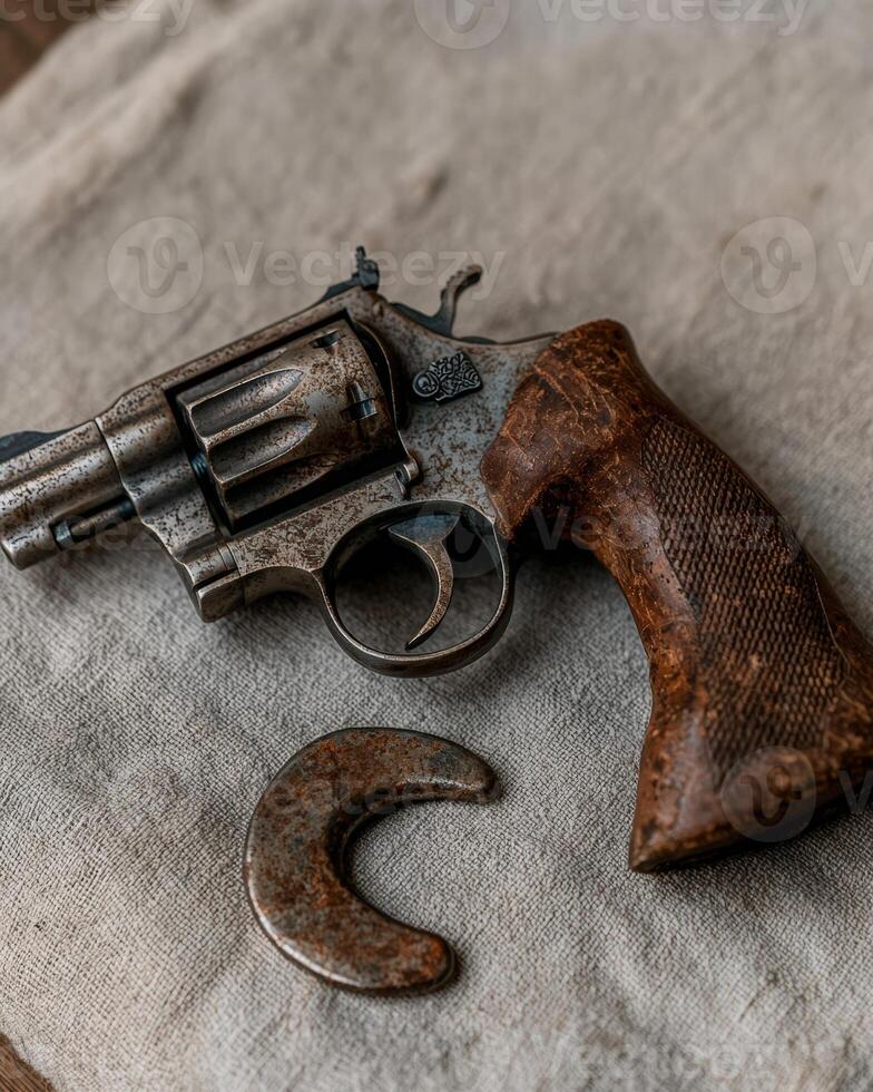 An old, rusty revolver and a crescent shaped piece of metal sit on a neutral surface photo