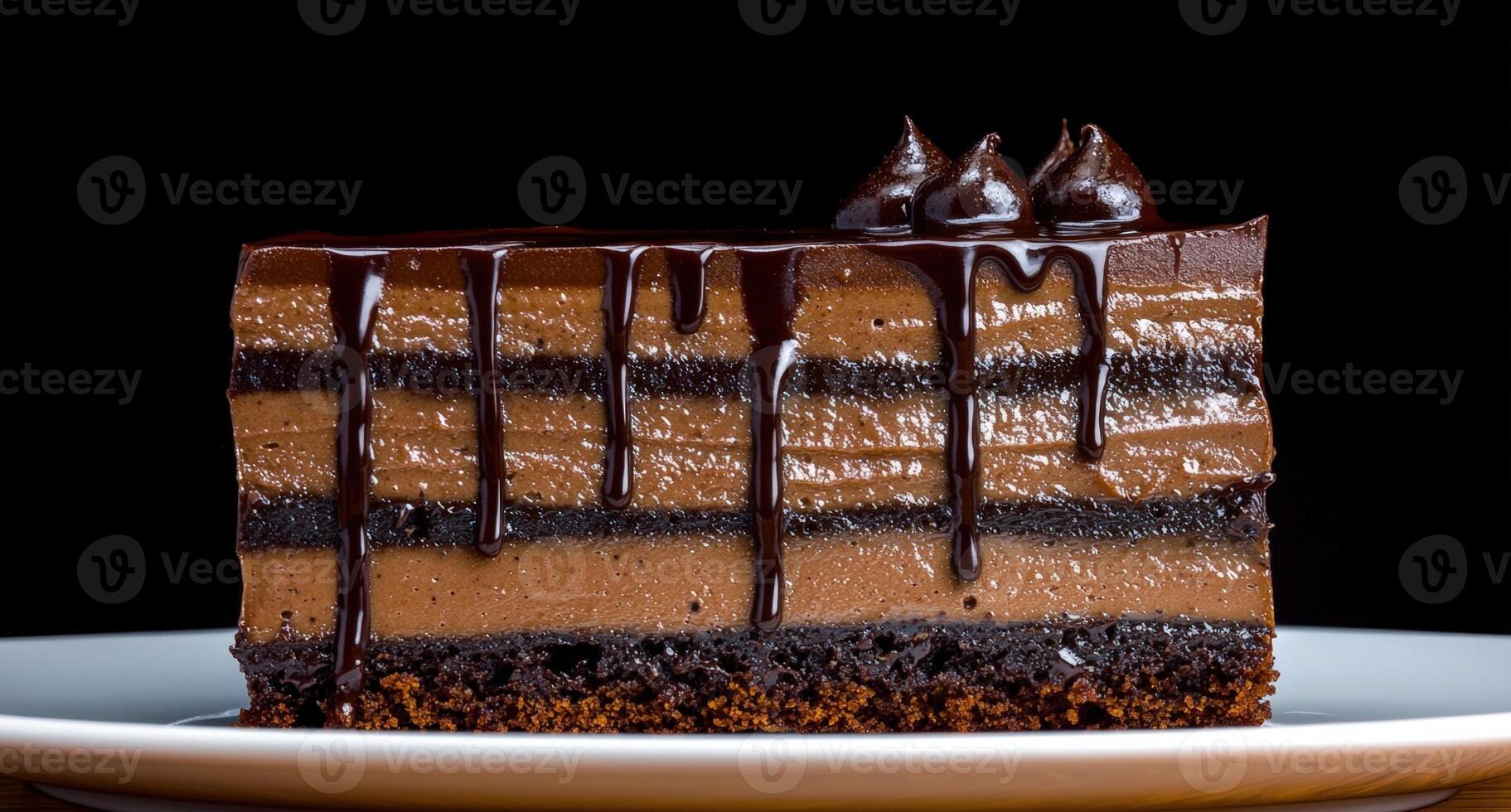 A decadent slice of chocolate layer cake with fudge frosting photo