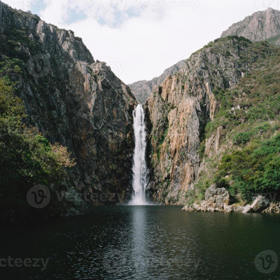 Waterfall cascading into a lake surrounded by rocky cliffs photo
