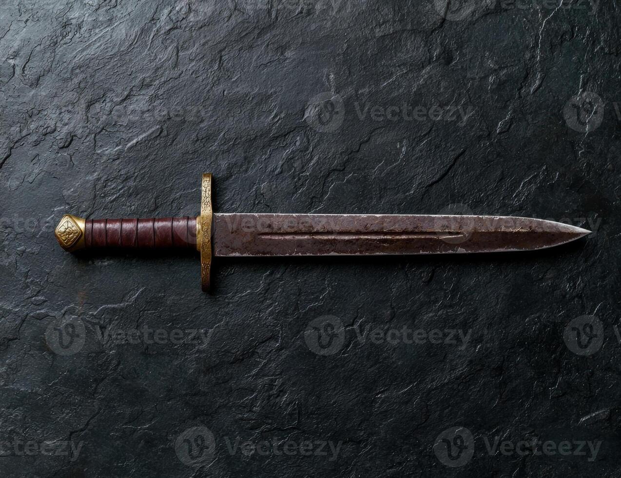 Medieval dagger on a dark stone background photo