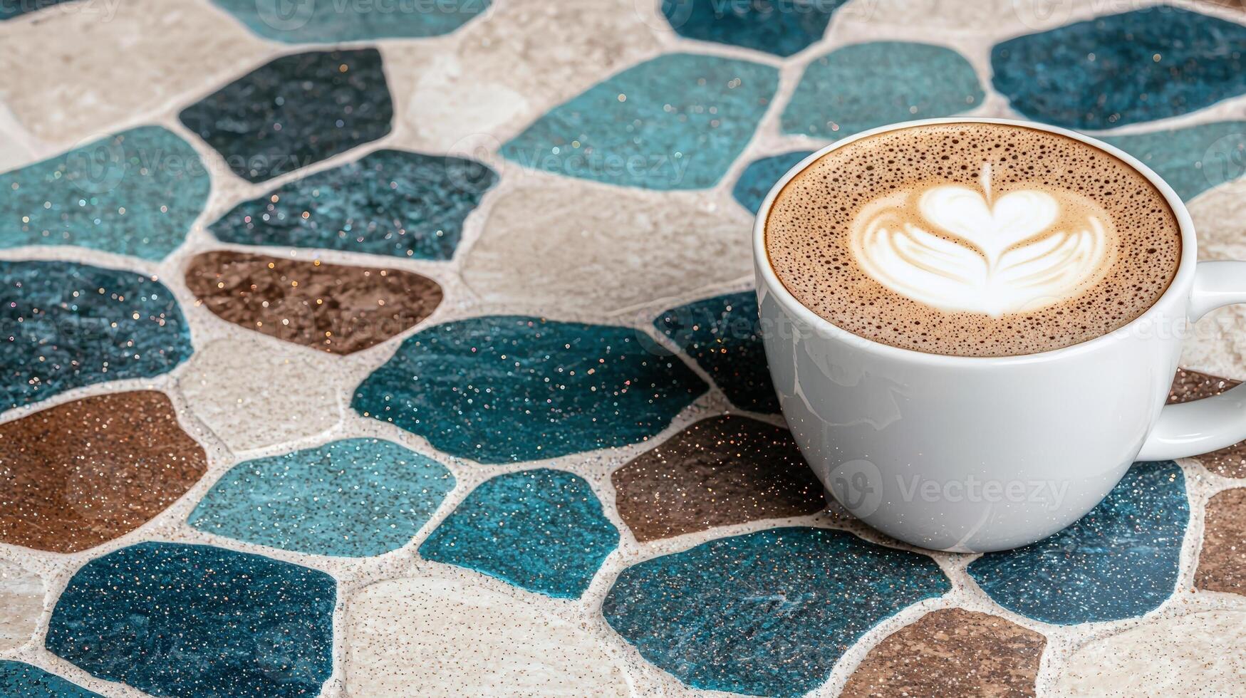 A latte with latte art on a decorative tile surface photo