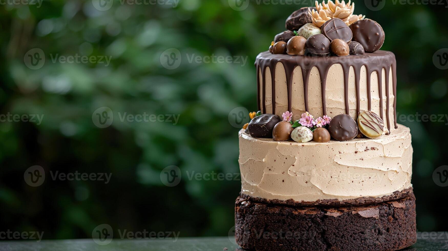 A decadent chocolate cake with layers of frosting and chocolate ganache photo