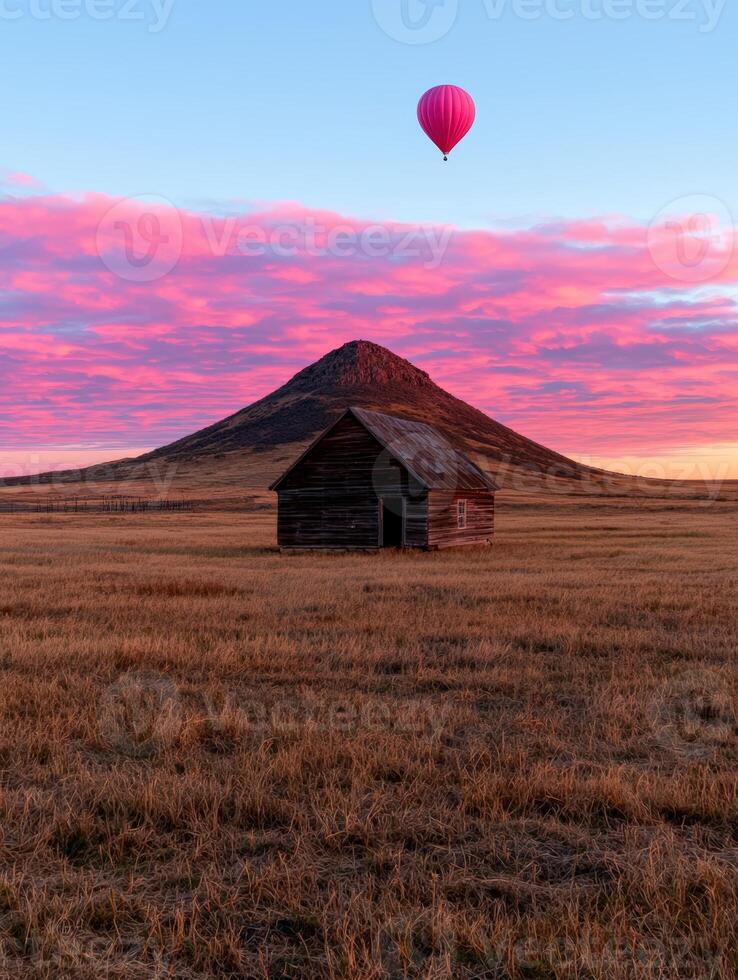Rustic barn in a golden field with a mountain and hot air balloon at sunset photo