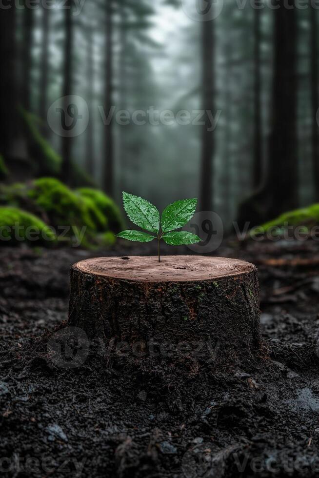 A small plant grows from a tree stump in a forest photo