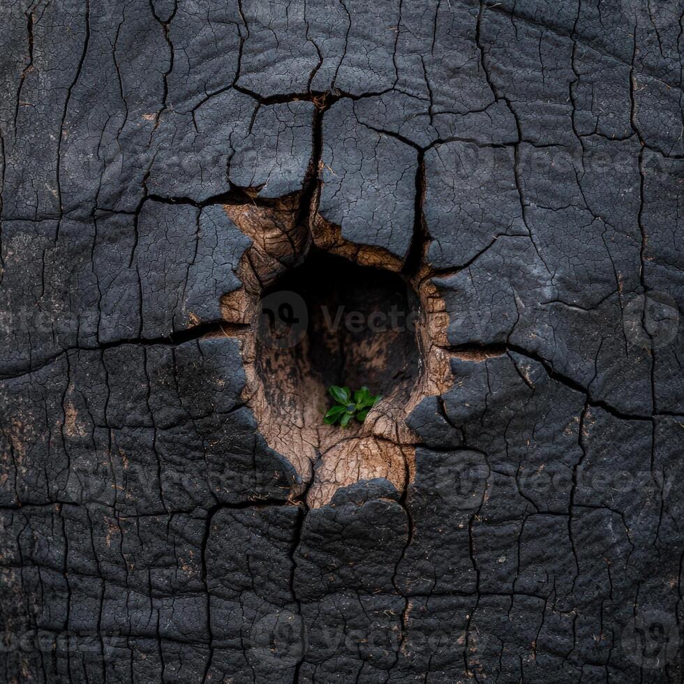 Resilience. A small plant grows from the center of a burnt tree trunk photo