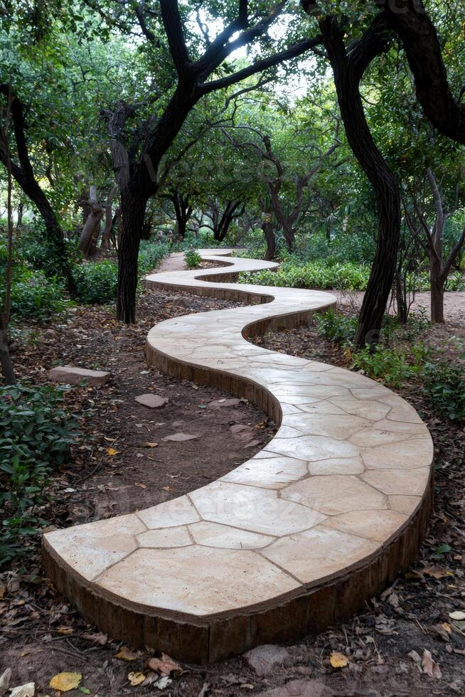 A winding stone path through a lush green forest. photo