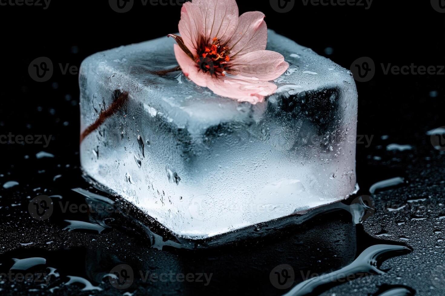 Flower frozen in ice cube on a black background photo