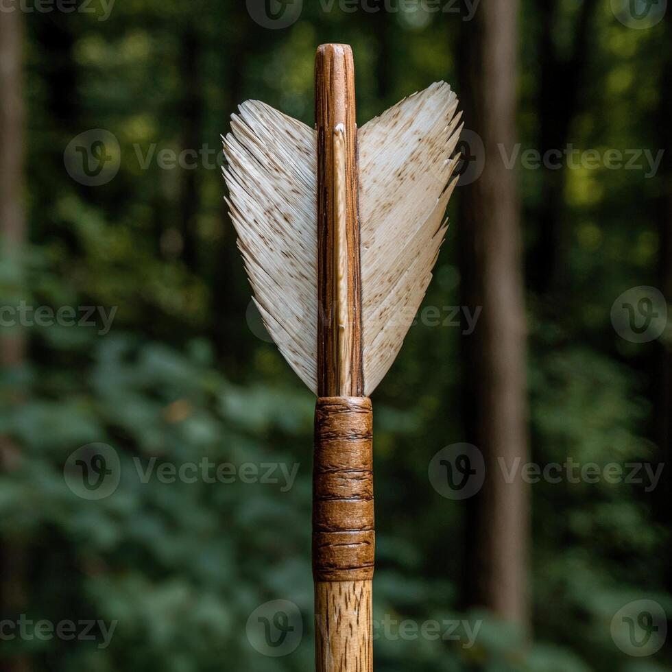 Close up of a handmade arrow with feather fletching in a forest photo