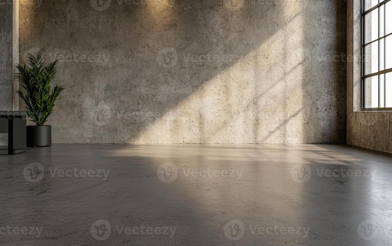 Empty industrial interior with concrete walls and sunlight photo