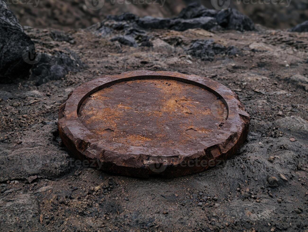 An old rusty metal hatch on a rocky surface photo