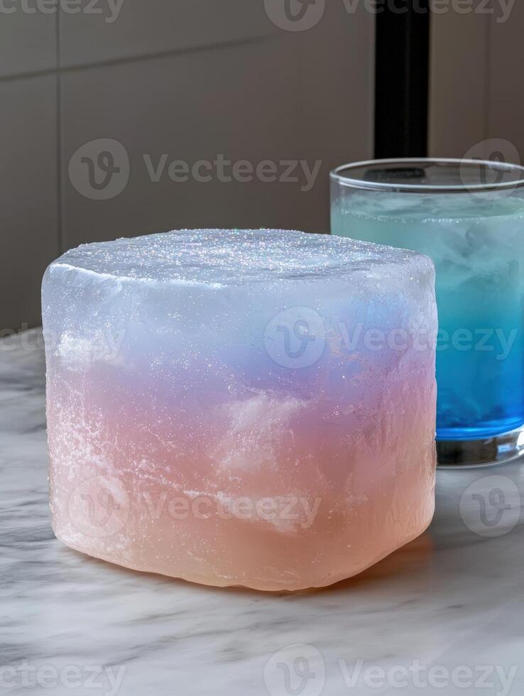 A large decorative ice cube with a colorful sky design photo