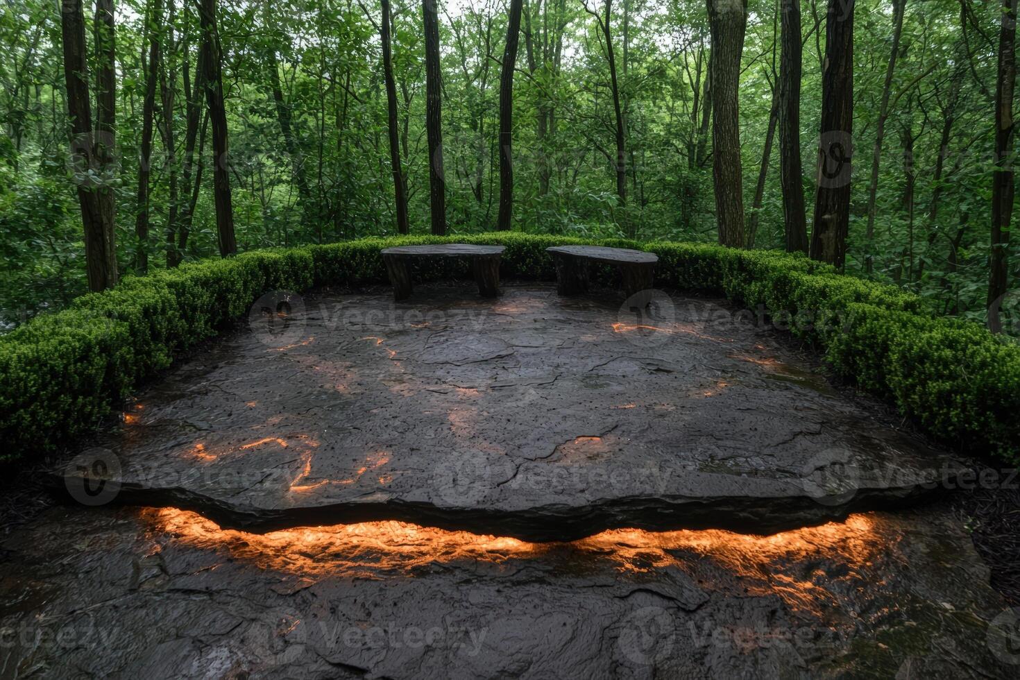 Stone platform with built in lighting in a lush forest photo