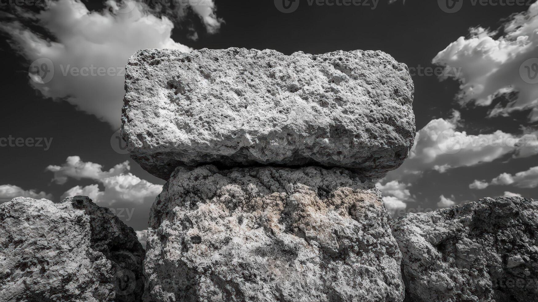 Monochrome image of stacked stones against a cloudy sky photo