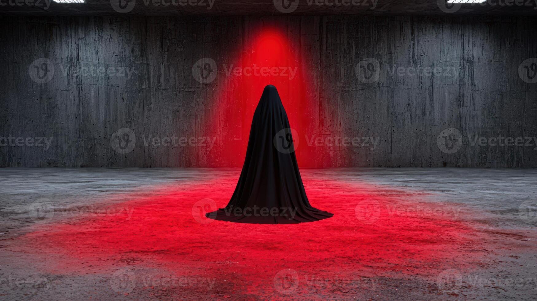 Figure in black cloak standing under red light in a concrete room photo