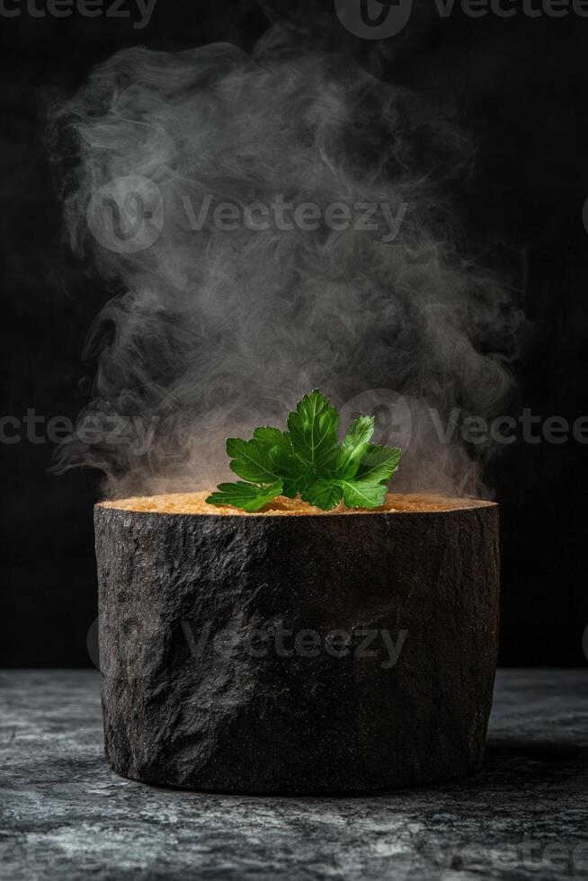Hot soup served in a stone bowl with parsley garnish and steam photo