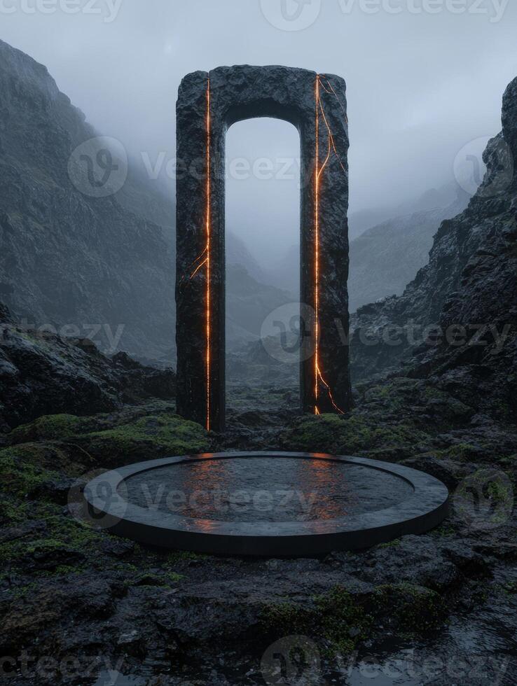 Mystical portal in a dark, foggy landscape photo