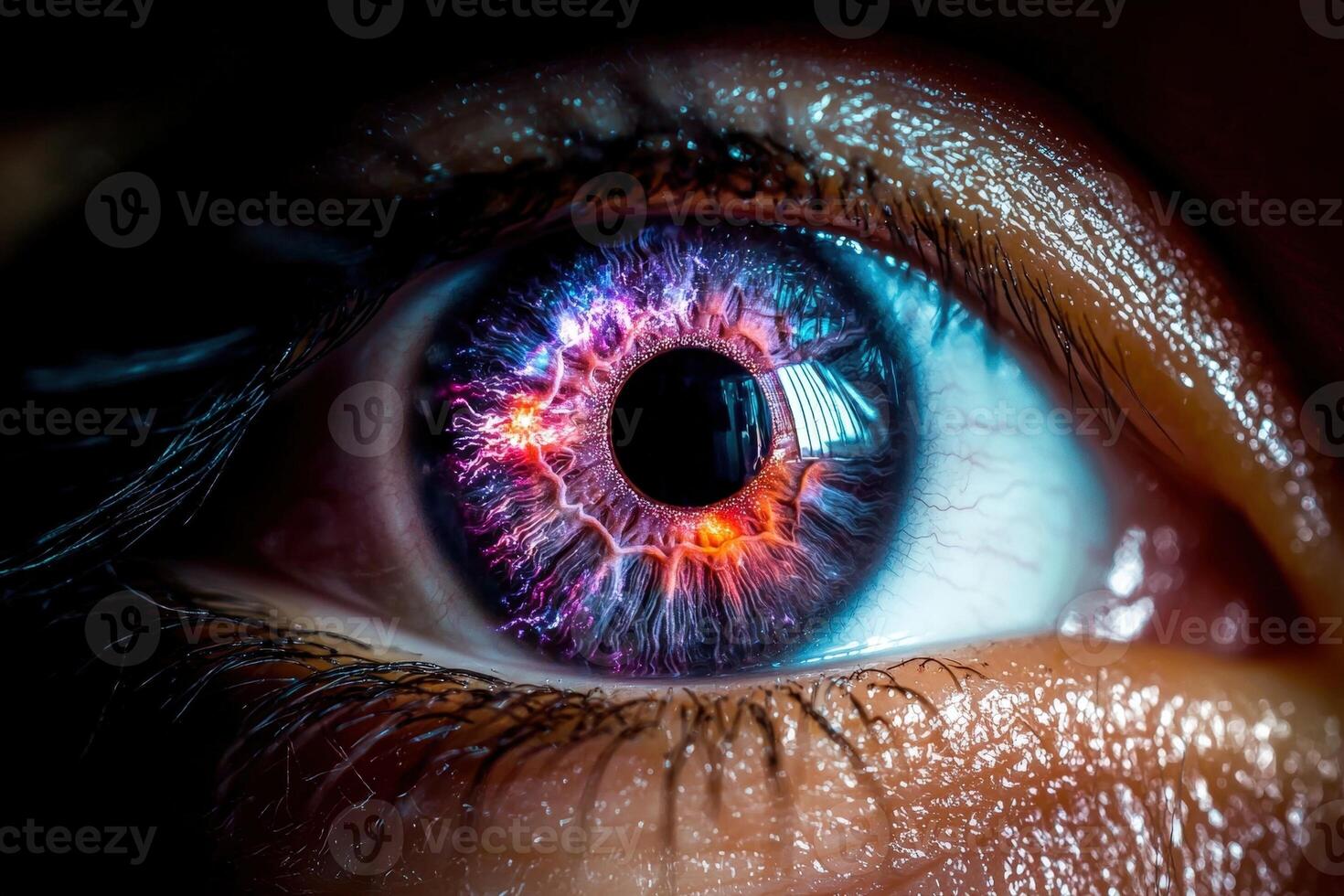 A close up of a human eye with a colorful iris photo