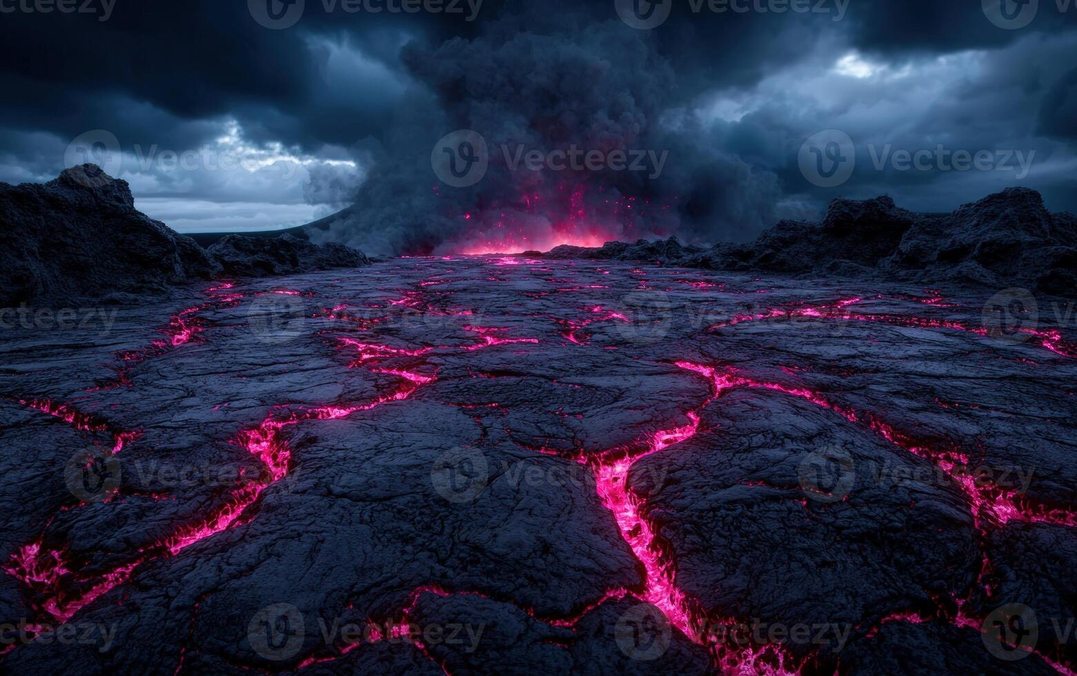 Volcanic eruption with lava flow under a stormy sky photo