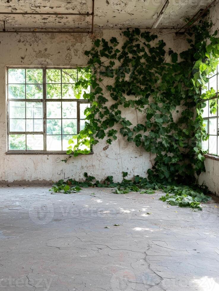 Abandoned room with vines growing through the window photo