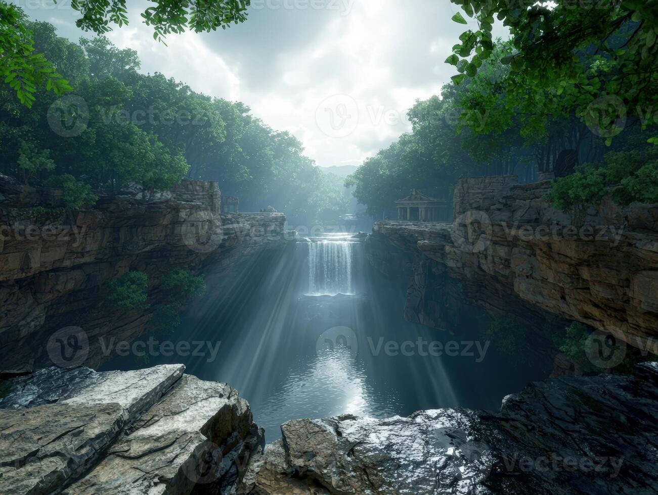 Waterfall cascading into a pool of water in a lush forest photo